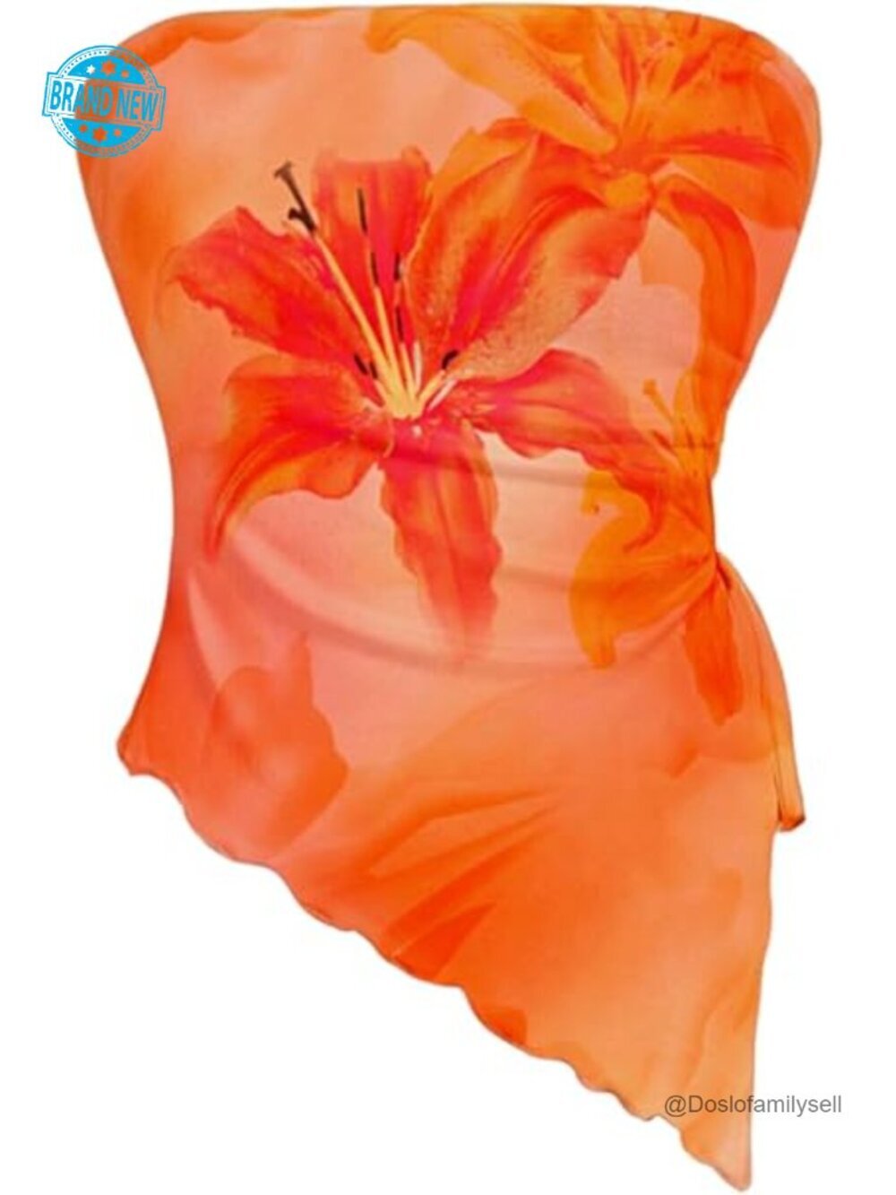 Floral Mesh Strapless Side Ruched Tube Top Asymmetrical Hem Bandeau Crop Top
